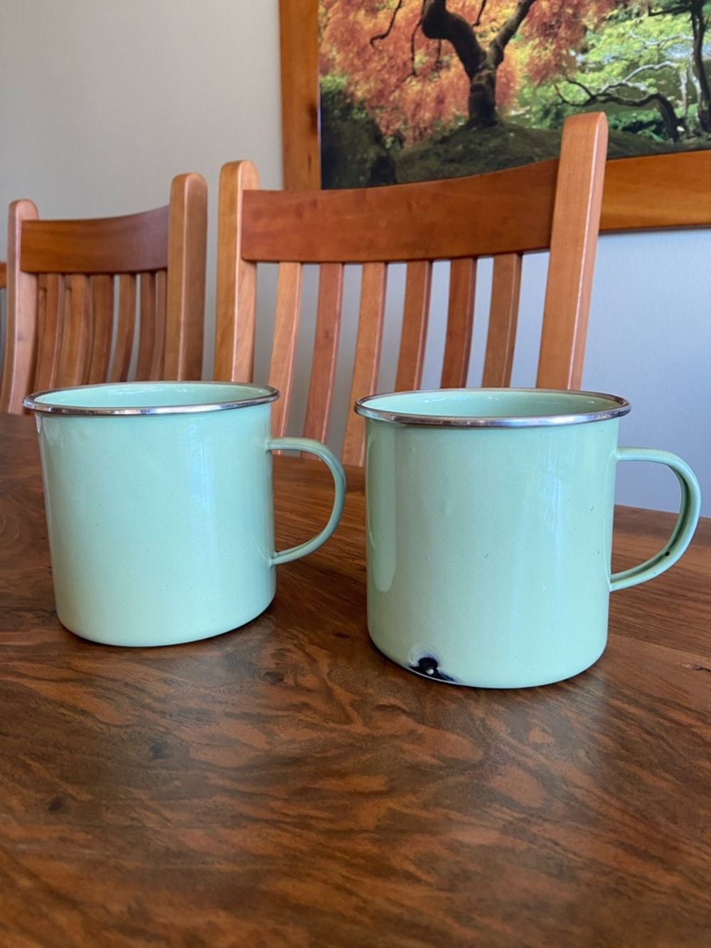 2 Pottery Barn Oversized Camping Camp Enamelware Sage Green Mugs Chipped Patina
